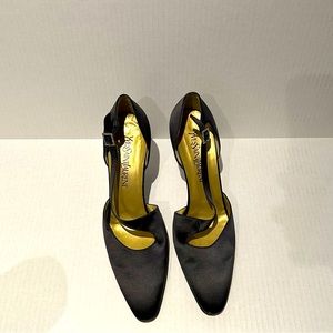 Yves Saint Laurent Black Satin T-Strap Vamp Heels
